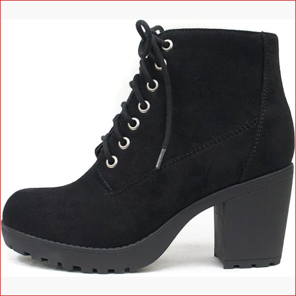 Shoes - Lug Sole Chunky Heel Combat Ankle Bootie Lace Up with Side Zipper
